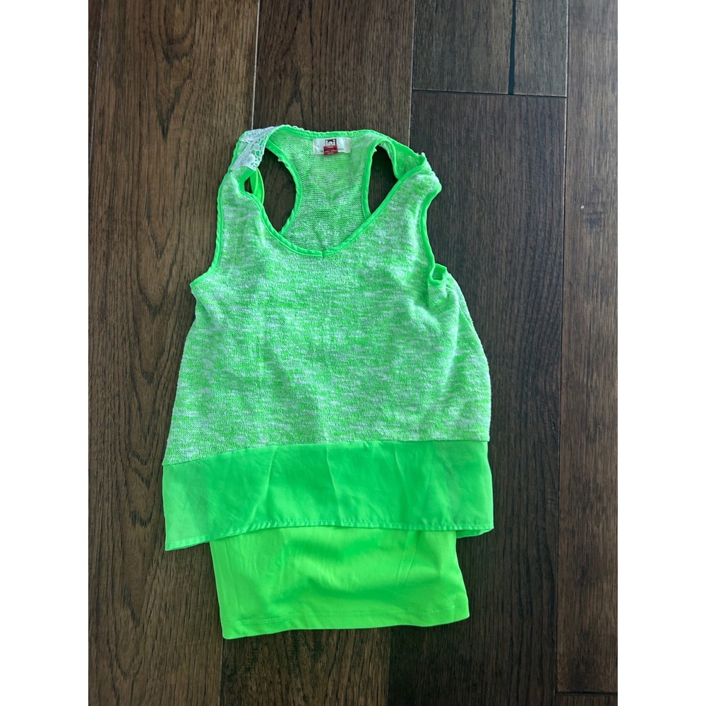 LEI Neon Green Layered Racerback Tank Top with Crochet Lace Detail juniors Large